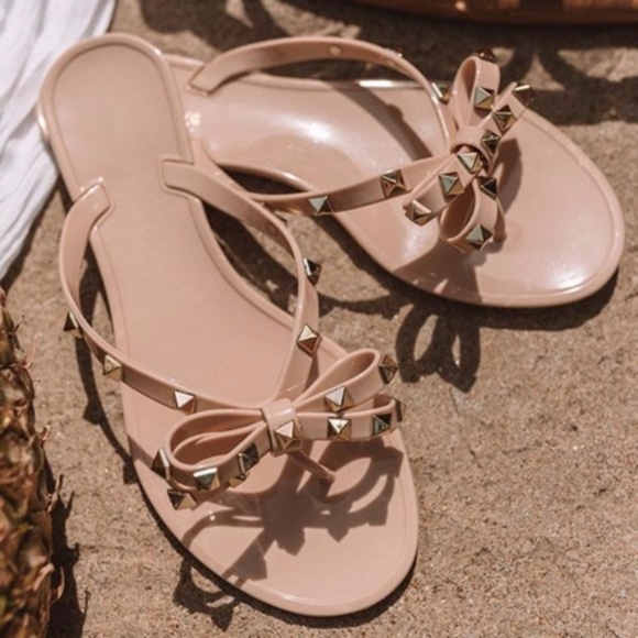 Shoes - Boho Studded Bow Slip on Flat Sandals